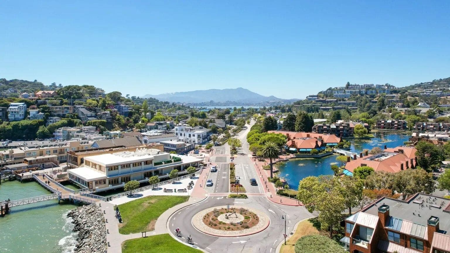 Aerial view of Tiburon Boulevard and the downtown roundabout